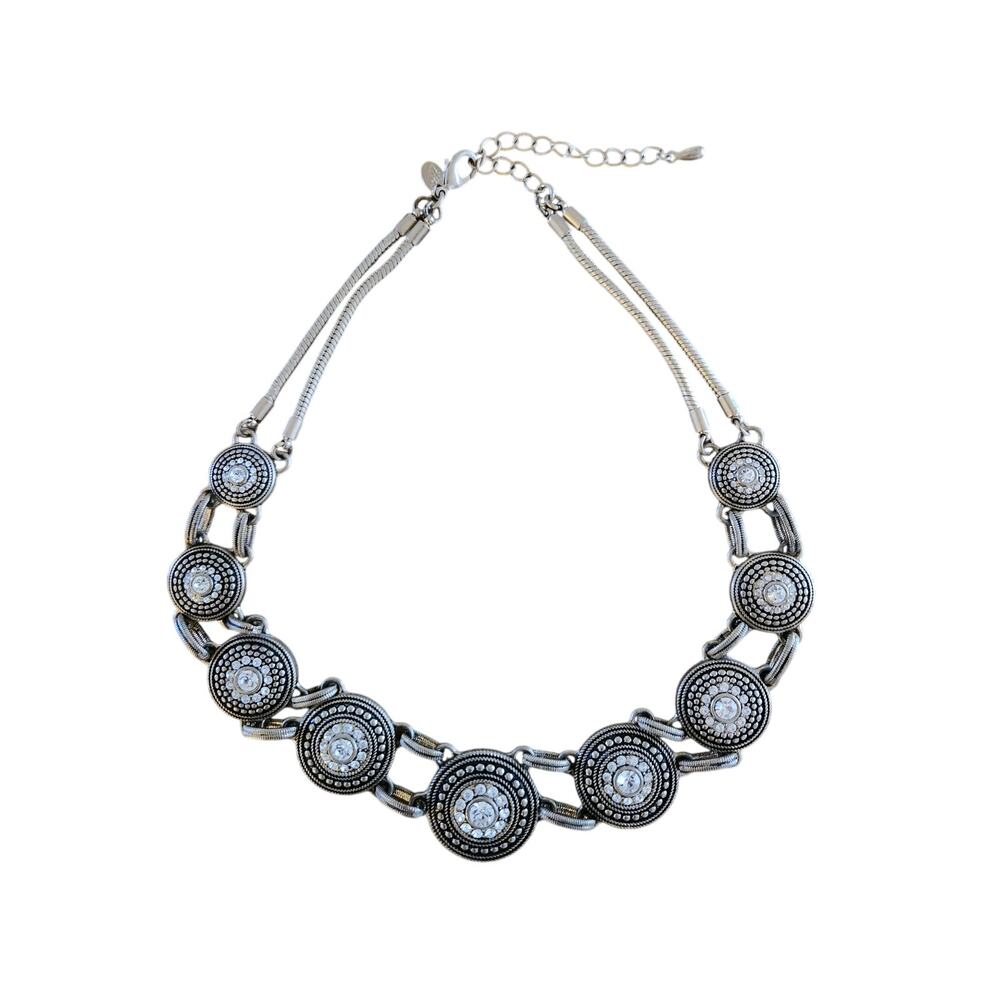 Lia Sophia statement necklace antique silvertone with circular medallion accents